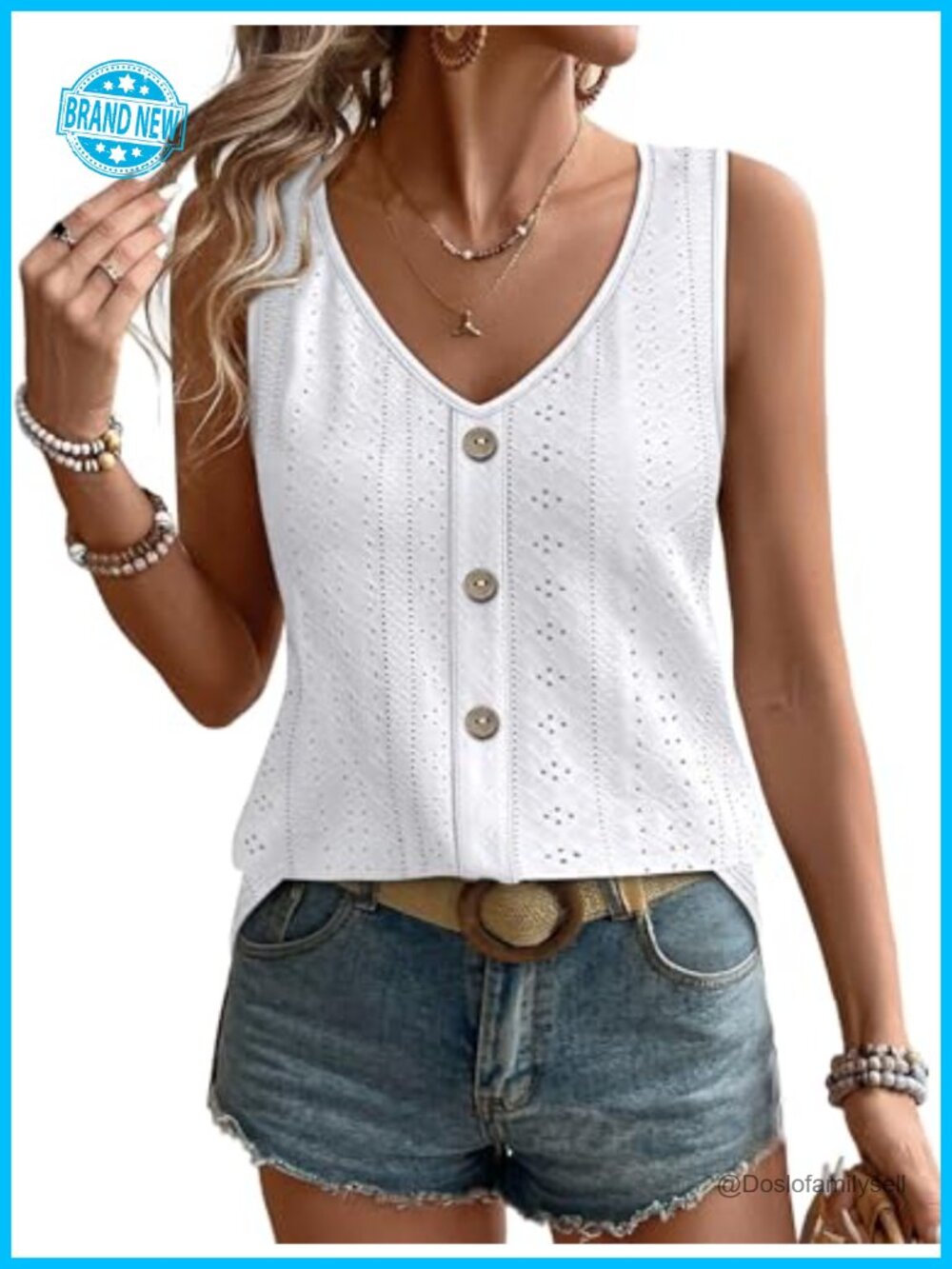 Womens Loose Eyelet V Neck Sleeveless Tank Top Casual Summer Shirt